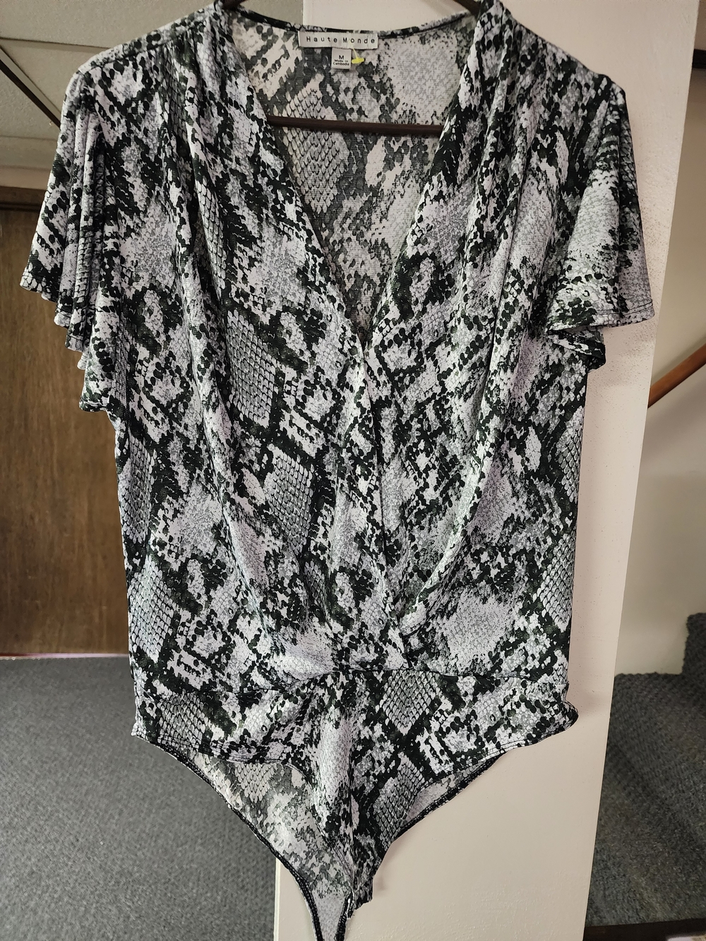 Haute Monde Black & White Snake-Print Faux-Wrap Bodysuit